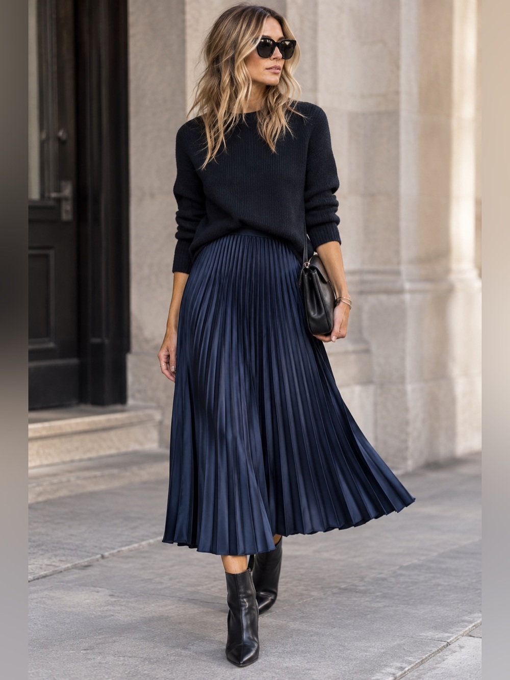 J.Crew Navy Blue Satin Accordion Pleated Midi Skirt Size M